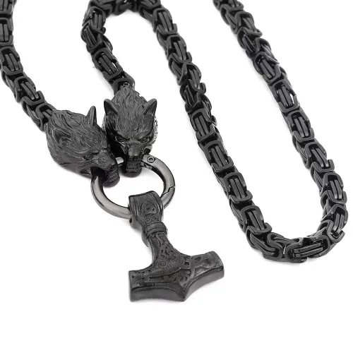 Black Stainless Steel Nordic Mythology Viking Wolf Head Thor Hammer Pendant Necklace Men's Jewelry Fashion Retro Animal Element