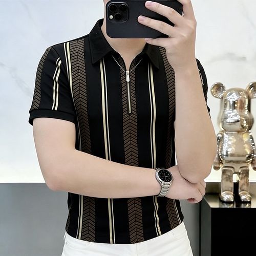 New Men's Black and Gold Striped Short-Sleeve Polo Shirt