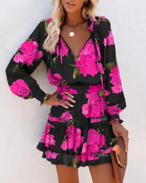 Women's V-Neck Long Sleeve Ruffle Hem Mini Dress