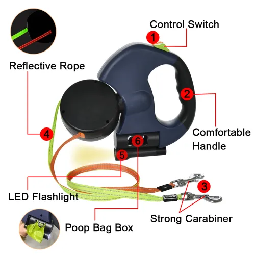 Retractable Dog Leash For Small Dogs Reflective Dual Pet Leash Lead 360 Swivel No Tangle Double Dog Walking Leash With Lights