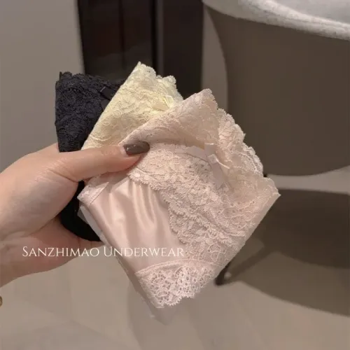 Romantic Lace Sexy Women's Underwear Summer Thin Ice Silk Satin Hollow Out Panties Soft Cotton Crotch Seamless Briefs