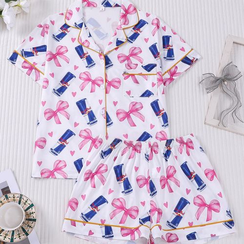 Women's New Arrival Printed Short Sleeve Shorts Pajama Set Lapel Bow Tie Pattern Comfortable Loungewear for Home