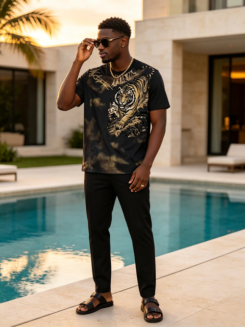 Black background tiger print T-shirt