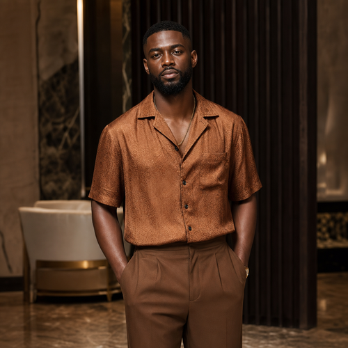 Short-sleeved shirt with brown feather print