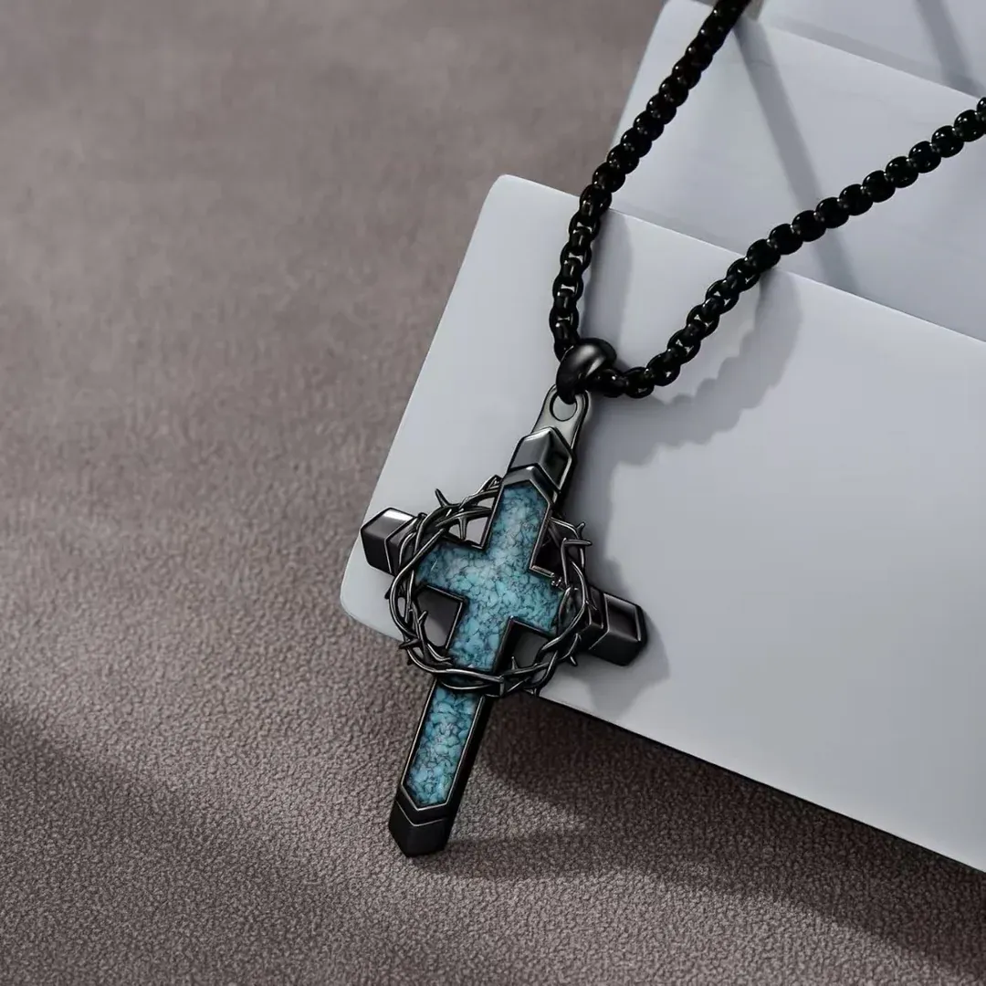 Thorn-Wrapped Inlaid Cross Pendant Necklace