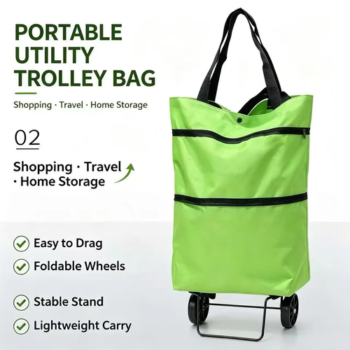 Lightweight, foldable shopping trolley with wheels (can also be carried over the shoulder)