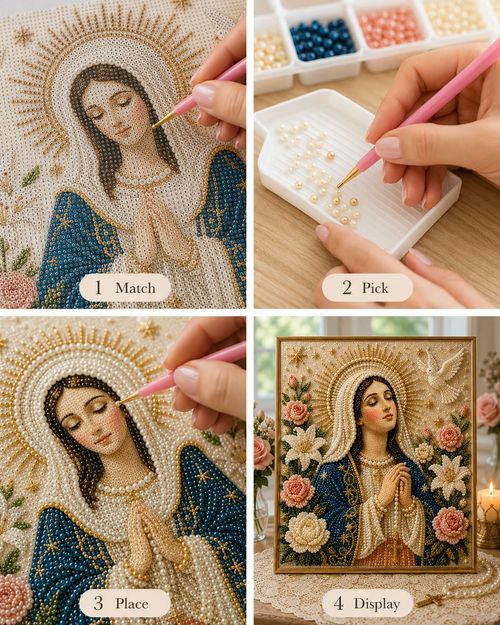 Divine Pearl Bead Virgin Mary Icon – A Peaceful DIY Faith Art Gift 30cm*30cm