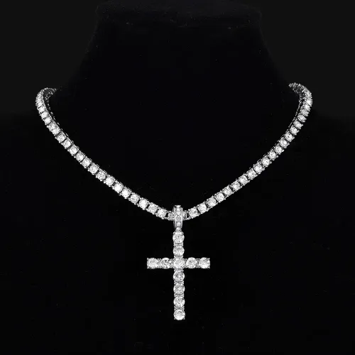 Diamond Embedded Cross Pendant Necklace Single Row Chain Unisex Fashion Jewelry Zinc Alloy Drill Pendants Accessories