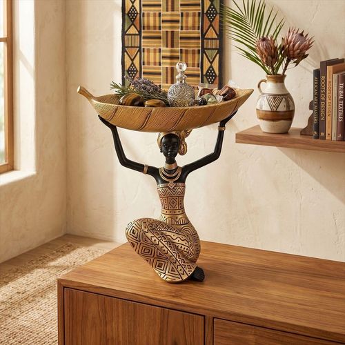 African Tribal Woman Resin Statue With Leaf Bowl Tray Black White Ethnic Figurine Decorative Storage Dish for Home Tabletop Deco