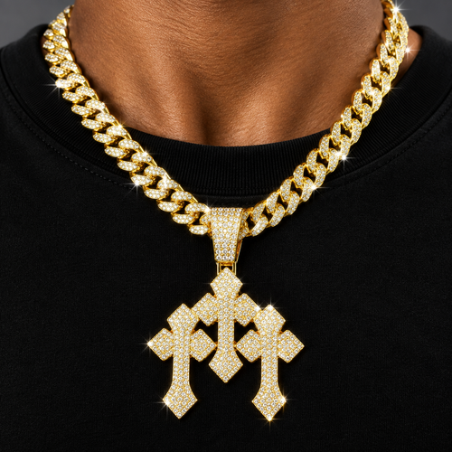 Iced Out Stacked Crosses Pendant Necklaces for Men With 13mm Cuban Chain Hip Hop Cross Rhinestone Jewelry pendant Gift