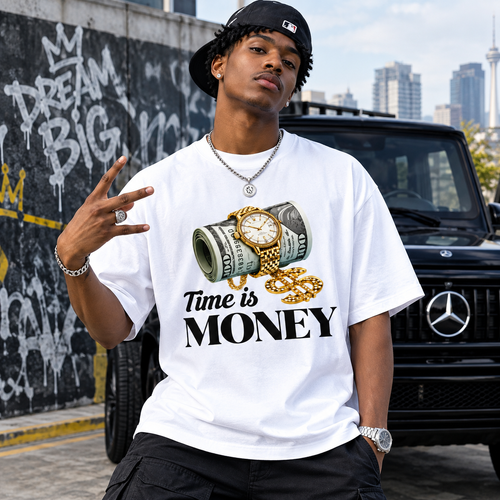 Men's Time is Money Graphic Print Tshirt, Hip Hop Streetwear Style Crew Neck Top, Soft Breathable Fabric for Casual Outfits, Cargo Pants, Joggers