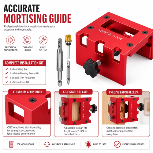 🔧Aluminum Alloy Door Lock Mortising Jig Adjustable Clamping Red Finish Lock Installation Jig Router Bit Set