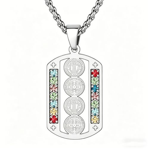 Stainless Steel St. Benedict Medal Pendant Necklace – Cross Inlay with Colored Stones – Distinctive Jewelry