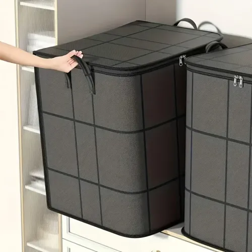 2pcs Foldable Striped Organizer Pouch with Double Zipper, Spacious Grid Bag for Garments, Quilts & Moving Use