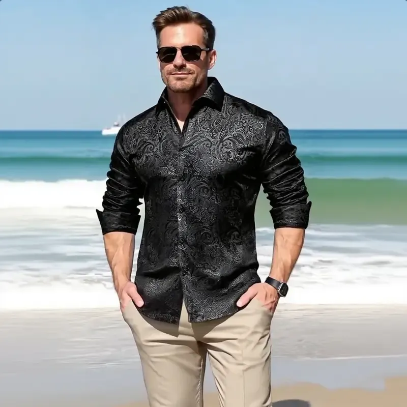 Luxury Purple Paisley Polyester Shirts for Men Long Sleeve Wedding Prom Men Clothing Button Down Collar Social Dress Shirt