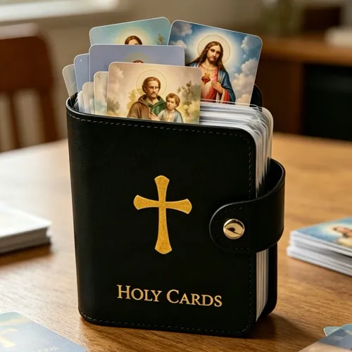 Catholic Leather Holy Card Holder Prayer Card Organiser With Snaps Closure Waterproof Large Capacity Card Collection For Fans