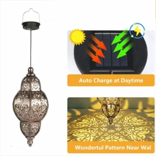 Solar Powered Light Hollow-out Lantern European Style Courtyard Garden Decoration Artistic Atmosphere Pendant Light Projection