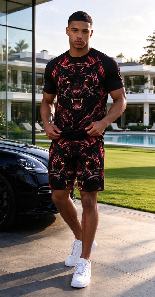 Red and Black Tiger Pattern Shorts Set