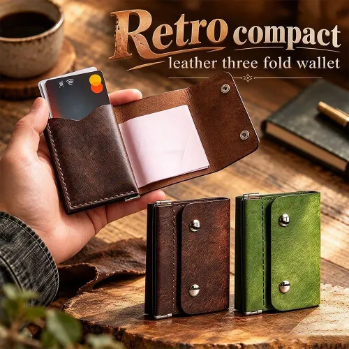 New Leather Compact Trifold Wallet Button Closure Vintage Tri-Fold Billfold Portable Leather Wallet