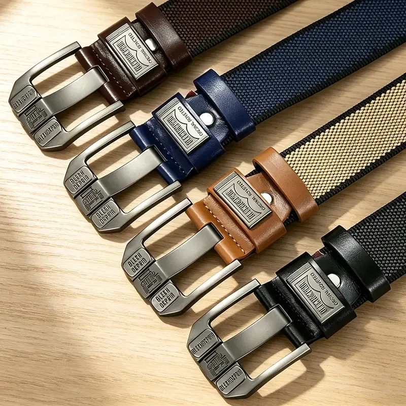 Buckle-Free Men's Belt, Holeless Strap, Large Square Alloy Buckle with Brass Accents, Cotton-PU Leather Strap, Durable Flexible Slip-On, Versatile Fashion Belt, Trendy Holiday Present