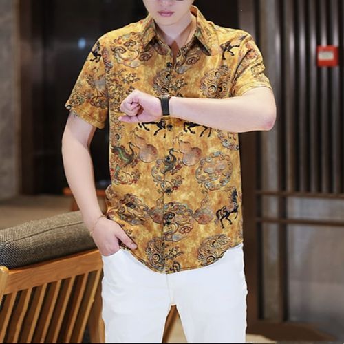 Casual Short-Sleeve Collared Shirt with Retro Print