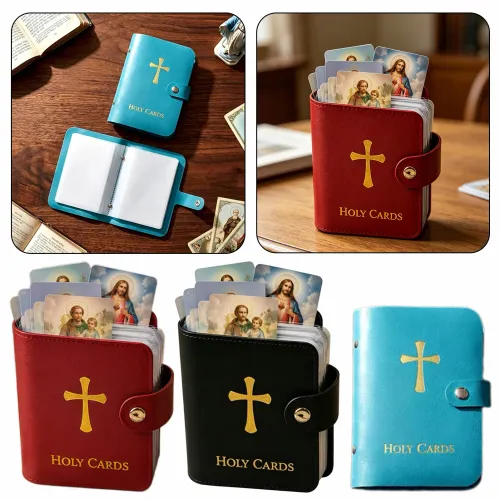 Catholic Leather Holy Card Holder Prayer Card Organiser With Snaps Closure Waterproof Large Capacity Card Collection For Fans