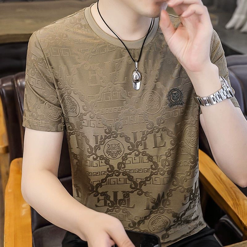 Men Luxury Khaki Jacquard T‑Shirt | Tiger Badge