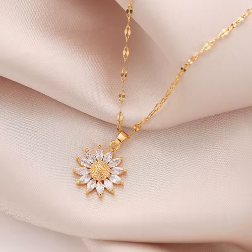 2pcs Dainty Stainless Steel Necklace  Plated Zircon Daisy Sunflower Pendant Necklace For Women Girls Jewelry