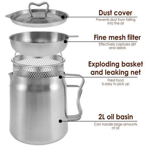 68 oz (approx. 2L) 304 Stainless Steel Deep Fryer Pot (with Frying Basket and Strainer) – Large-Capacity Kitchen Oil Bacon Grease Storage Container – Suitable for Frying, Cooking, and Camping – Features Oil Filtration – Dishwasher Safe