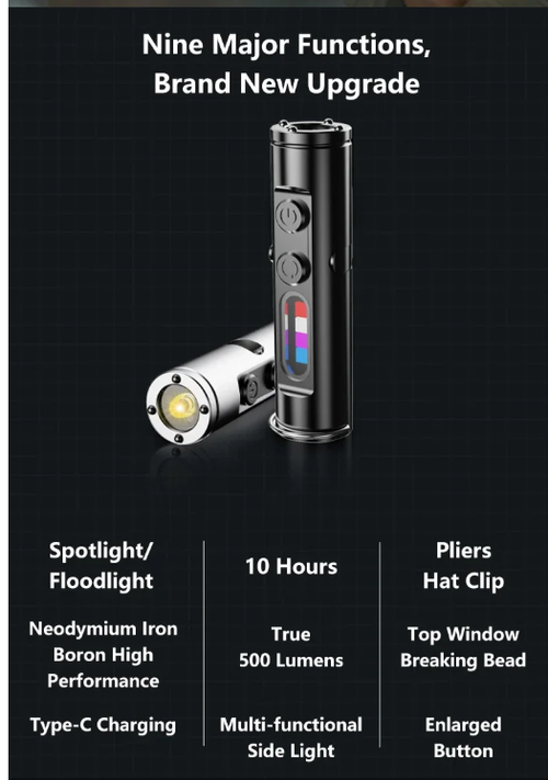 Lenovo 6-in-1 Multifunctional Keychain Flashlight COB Side Light Rechargeable Magnetic Work Light Window Breaker Emergency Tool