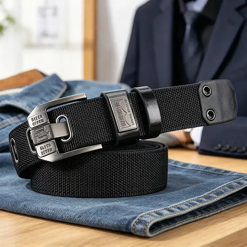 Buckle-Free Men's Belt, Holeless Strap, Large Square Alloy Buckle with Brass Accents, Cotton-PU Leather Strap, Durable Flexible Slip-On, Versatile Fashion Belt, Trendy Holiday Present