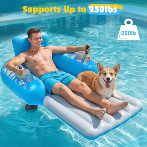 Inflatable Motorized Pool Float for Adults - Rechargeable Electric Water Lounger with Dual Motors and 2 Storage Compartments Su