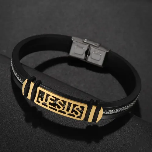 Classic Vintage High Quality Black Silicon Recessed Stainless Steel Braided Chain Bracelet Men's Bracelet Souvenir Wholesale