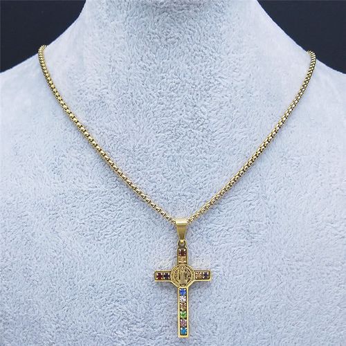 Christianartworkshop Saint Benedict Cross Mix Bible 12 Crystal Necklace