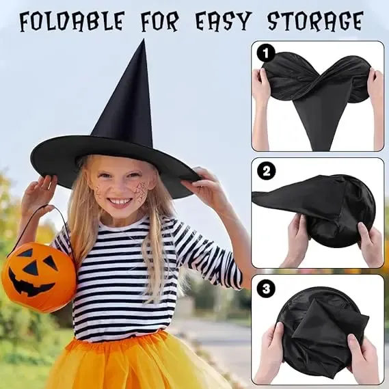 6 PCS Halloween Black Witch Hats Decoration Hanging Witch Wizard Hats Bulk with 3D Bats Wall Stickers for Halloween Party Costume Accessory Indoor Outdoor Yard Porch Decor Magical Ornaments