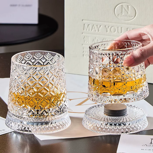 2PCS 360° Rotating Whiskey Glass Set, Crystal Spinning Tumbler Gift For Men, Whiskey Lovers & Home Bar