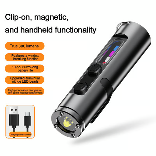 🔦Pocket Rechargeable EDC Flashlight: Mini Keychain Light with Fire Starter & Window Breaker