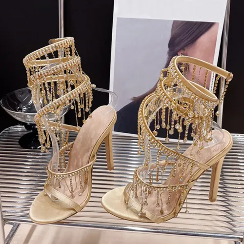 Elegant Women Wedding Banquet Shoes Fashion Crystal Tassel Twining Stiletto Sandals Sexy Open Toe Stripper Heels Golden