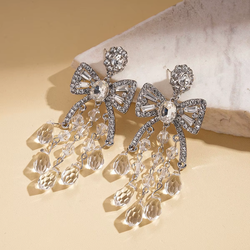 Silver Needle Diamond Glass Bow Fringed Earrings Light Luxury Premium Earrings Fashion Exquisite Versatile Commuter Earrings