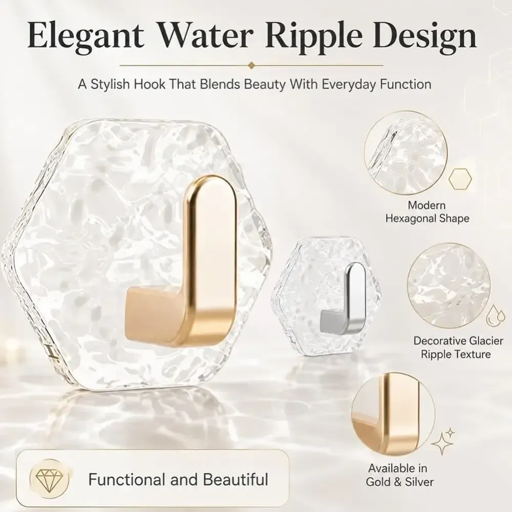 20Pcs Hexagonal Shape Self Adhesive Hooks Water Ripple Texture Waterproof Adhesive Hooks Heavy Duty Rustproof No Drill Hooks