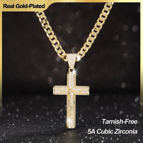 14K Real Gold-Plated Christian Cross Necklace for Men - Advanced Nanotech Tarnish-Free Cuban Link, Figaro, Rope Miami Chains with Jesus Crucifix Pendant, 24in Daily Wear Jewelry Accessory Gift
