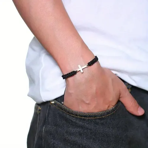 Simple Cross Black White Braided Rope Couple Bracelets Silver Color Adjustable Bracelet Christian Jewelry