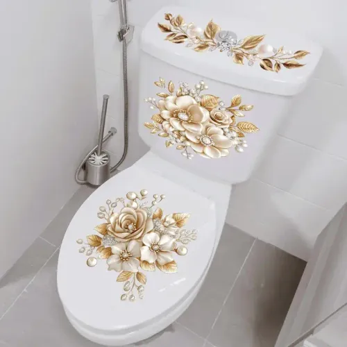 1 or 2pc  Luxury Gold Pearl Floral Toilet Sticker Waterproof Self-Adhesive Bathroom Decor Sticker Wall Stickers Home Decoration Stickers