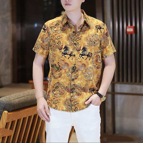 Casual Short-Sleeve Collared Shirt with Retro Print