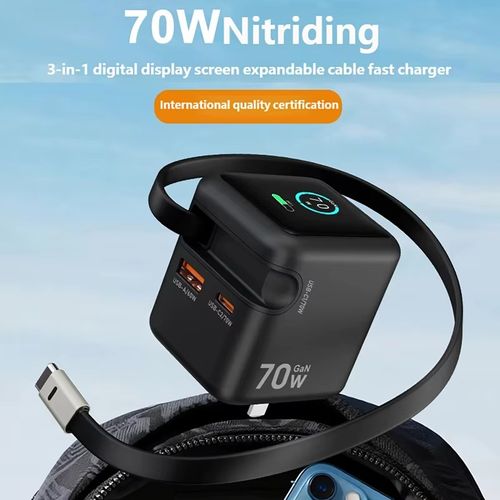 3 IN 1 GaN Charger with Retractable Cable 70W PD3.0 QC4.0 PPS 2 Type-C Travel Fast Charger