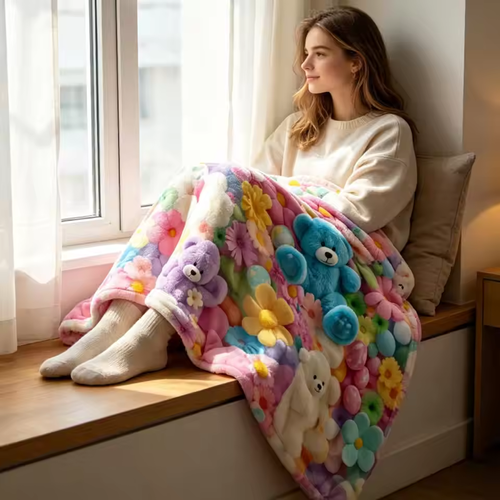 Teddy Bear Flannel Nap Blanket Floral Egg Pastel Print Flannel Blanket Soft Comfortable Air Conditioning Blanket