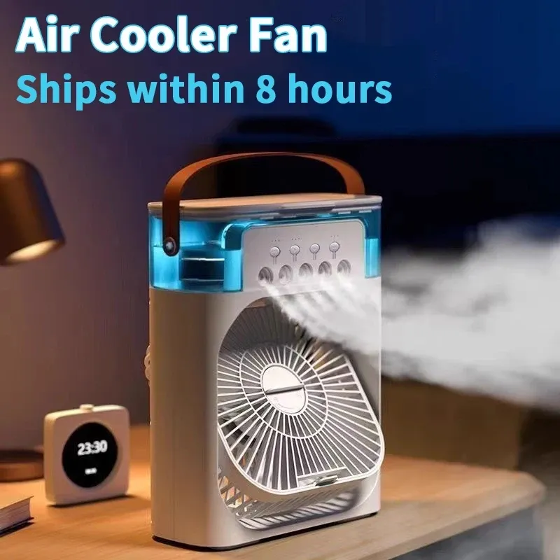 3 In 1 Portable Mini Air Cooler Fan With Humidifier LED Night Light Adjustable Household Office White Air Conditioner Fan