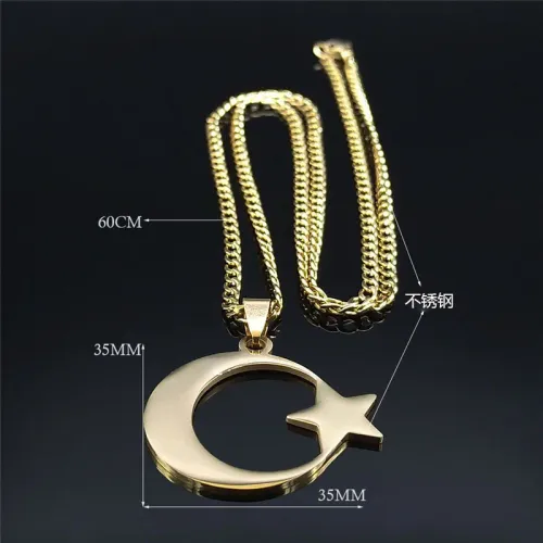 Muslim Stainless Steel Star Moon Pendant Chain Necklace For Men Neck Jewelry Accessories Male