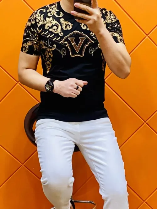 Men's Slim Fit T-irt Comfortable Thin f Sve Faionable Bla Cotton Polyester round Ne ort Sve T-irt