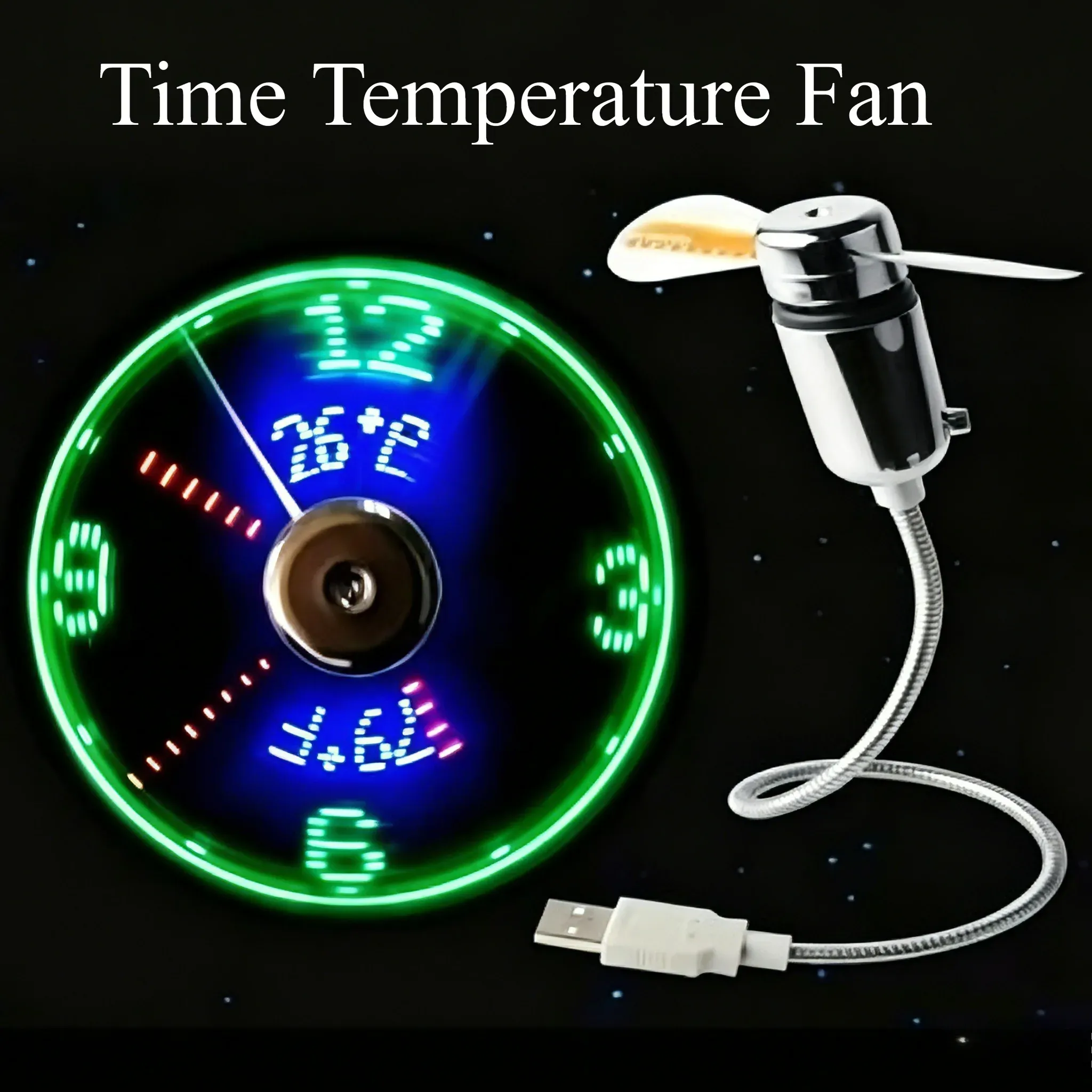 Clock Fan RGB LED Night Light Real Time Temperature Display 5V USB Portable Hand Fan Metal Mini Fan for PC Laptop Desktop Cooler